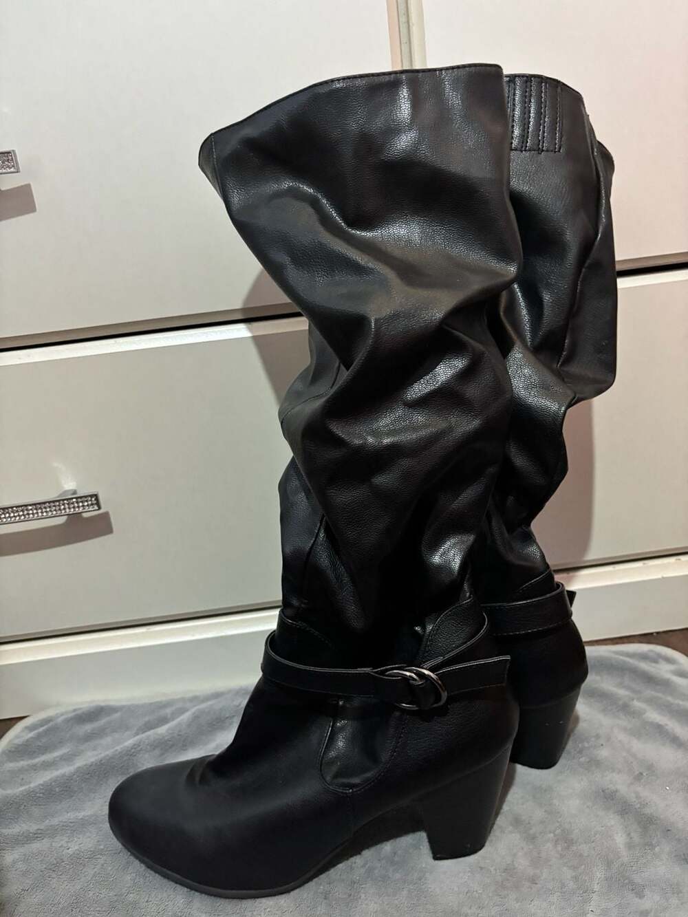 Andiamo Black Faux Leather Slouchy Knee High Heeled Boots with Buckle 11